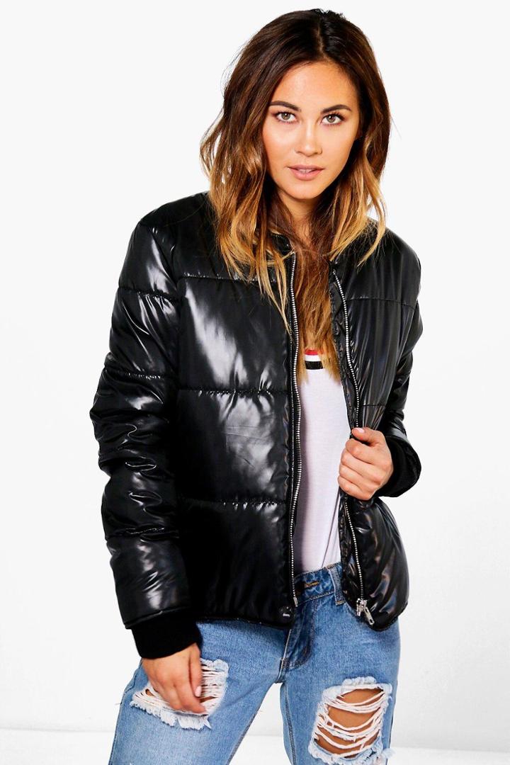 Boohoo Isabella Wet Look Bomber Jacket Black