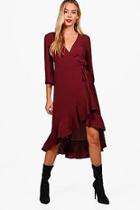 Boohoo Fluted Sleeve Ruffle Hem Wrap Tea Dress