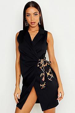 Boohoo Chain Print Scarf Tie Blazer Dress