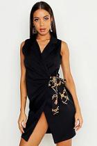 Boohoo Chain Print Scarf Tie Blazer Dress