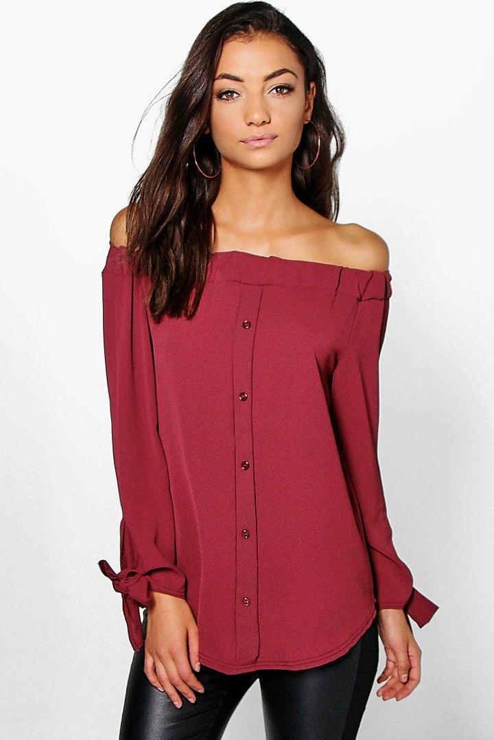 Boohoo Tall Marea Off The Shoulder Woven Top Wine