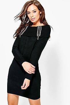 Boohoo Poppy Diamante Zip Neck Bardot Jumper Dress