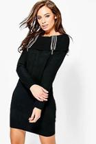 Boohoo Poppy Diamante Zip Neck Bardot Jumper Dress