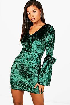 Boohoo Crushed Velvet Bow Sleeve Bodycon Dress