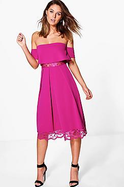Boohoo Dea Off Shoulder Lace Insert Midi Skater Dress
