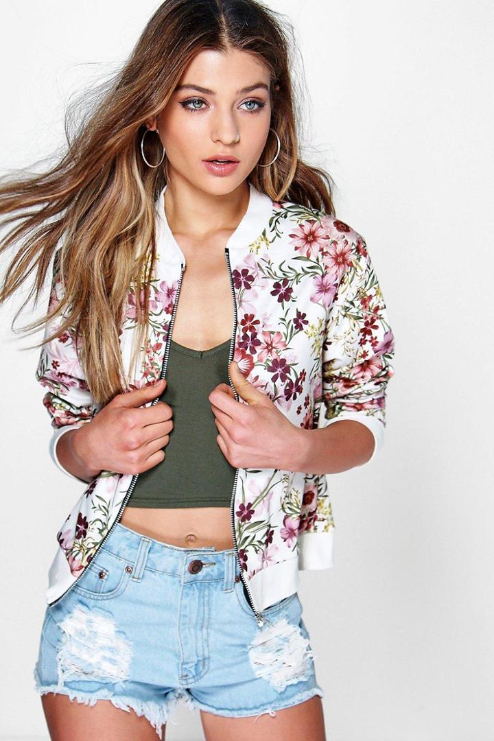 Boohoo Katie Oriental Flower Bomber Cream