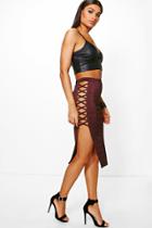 Boohoo Priya Textured Slinky Lace Side Midi Skirt Plum