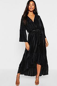 Boohoo Plisse Wrap Front Ruffle Hem Maxi Dress