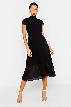 Boohoo High Neck Flutter Sleeve Midi Skater Dress