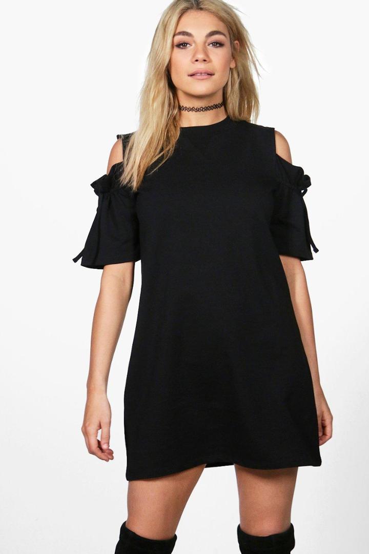 Boohoo Beatrice Cold Shoulder Tie Sleeve Sweat Dress Black