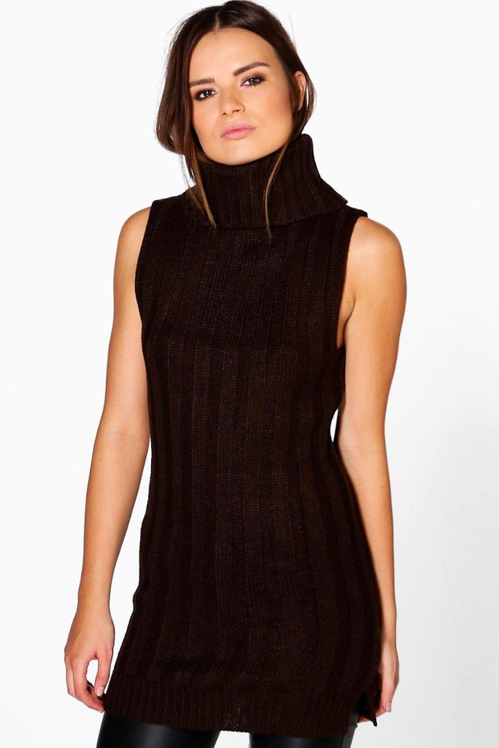 Boohoo Freya Chunky Roll Neck Rib Knit Tunic Chocolate