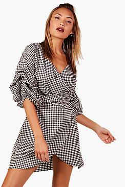 Boohoo Debbie Gingham Volumised Rouched Shirt Wrap Dress