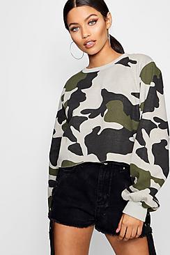 Boohoo Lucie Balloon Sleeve Raw Hem Camo Sweat