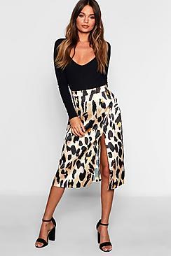 Boohoo Leopard Satin Split Midi Skirt