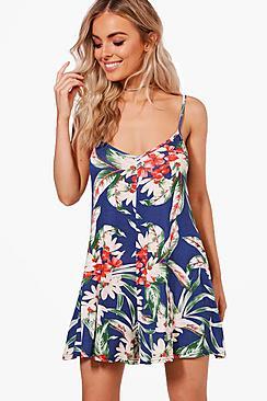 Boohoo Ella Floral Palm Print Swing Playsuit