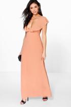 Boohoo Hayley Chiffon Frill Angel Sleeve Maxi Dress Apricot