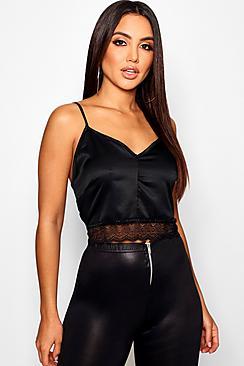 Boohoo Lace Trim Satin Crop Cami
