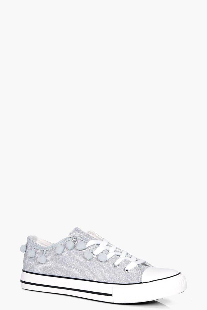 Boohoo Olivia Pom Trim Lace Up Trainer Silver