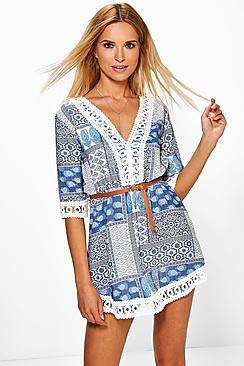 Boohoo Brigitte Printed Lace Trim Dress With Belt