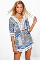 Boohoo Brigitte Printed Lace Trim Dress With Belt