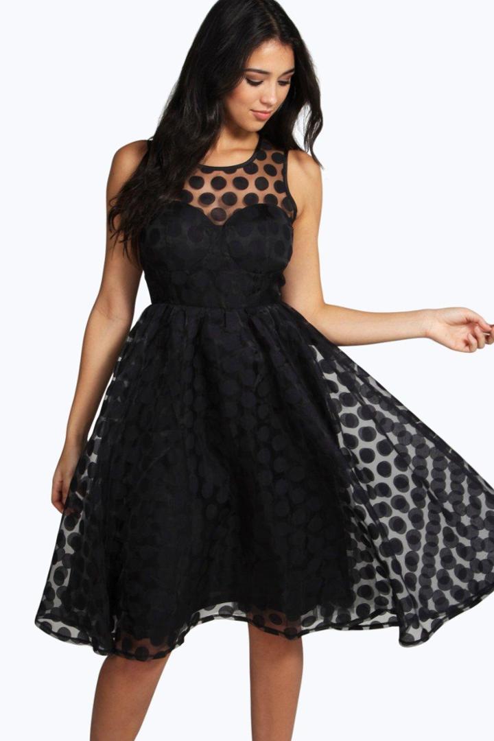 Boohoo Boutique Lola Organza Polka Dot Skater Dress Black