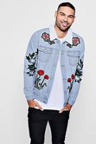 Boohoo Floral Badge Denim Jacket With Borg Collar