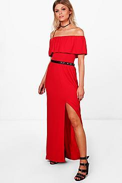 Boohoo Petite Sia Off The Shoulder Frill Split Maxi Dress