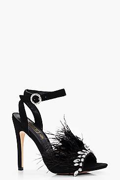 Boohoo Saskia Diamante & Feather Trim Heels
