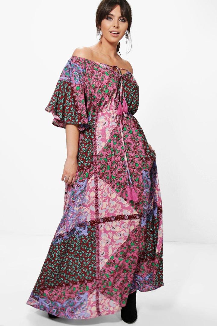 Boohoo Plus Laura Printed Off The Shoulder Maxi Dress Multi