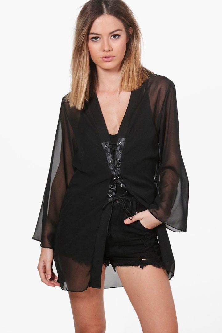 Boohoo Petite Eliza Lace Up Kimono Black