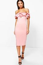 Boohoo Boutique Orla Off Shoulder Satin Frill Midi Dress Rose