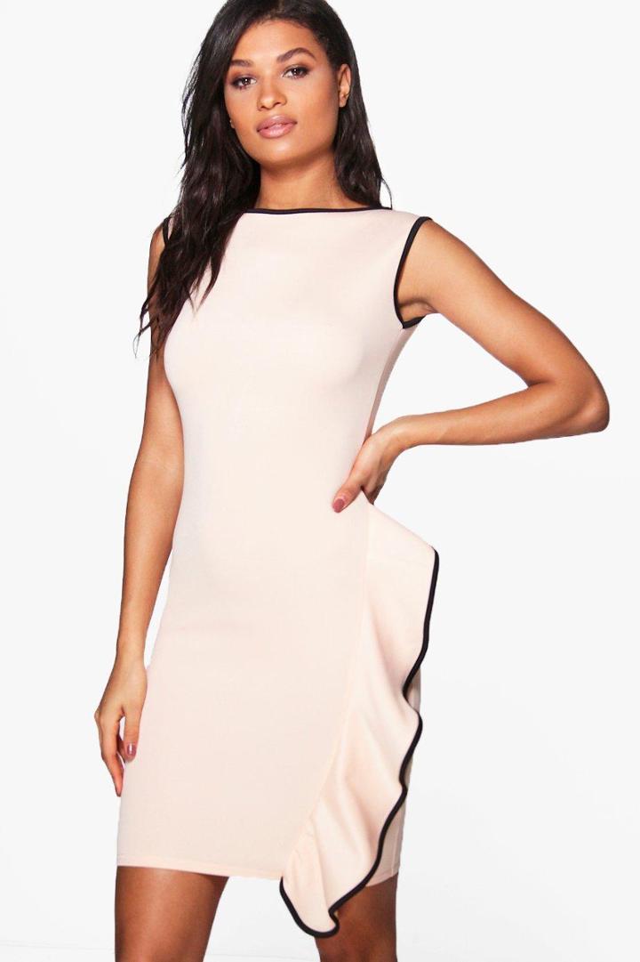 Boohoo Kelly Contrast Frill Midi Dress Nude