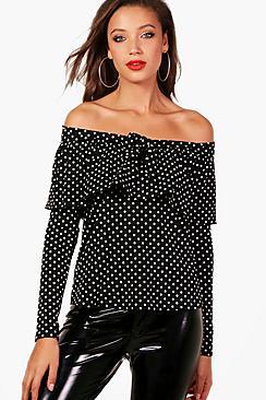 Boohoo Tall Soph Off The Shoulder Spot Print Top