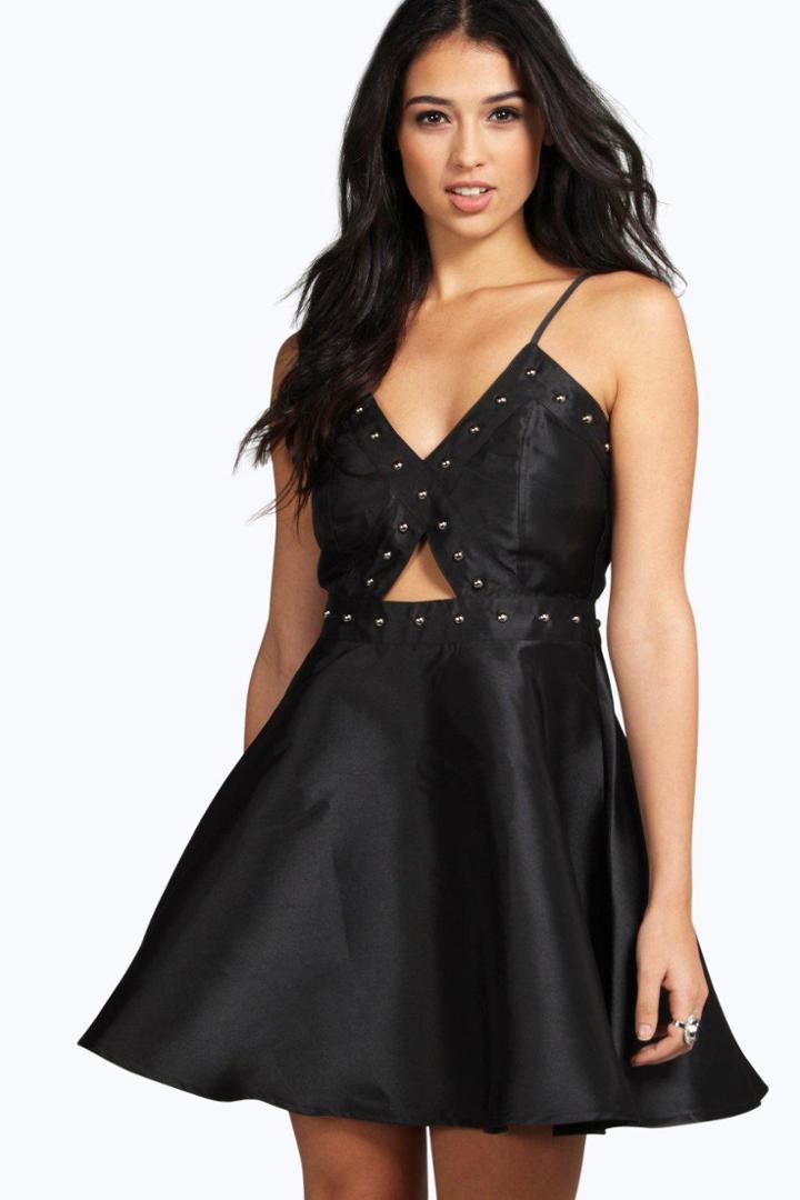 Boohoo Boutique Ara Stud & Cut Out Skater Dress Black