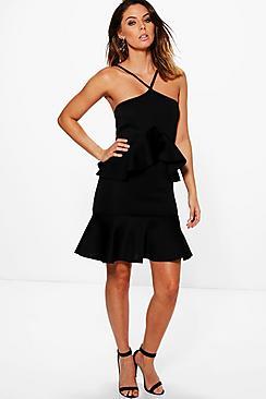 Boohoo Cleo Scuba Peplum Frill Hem Bodycon Dress