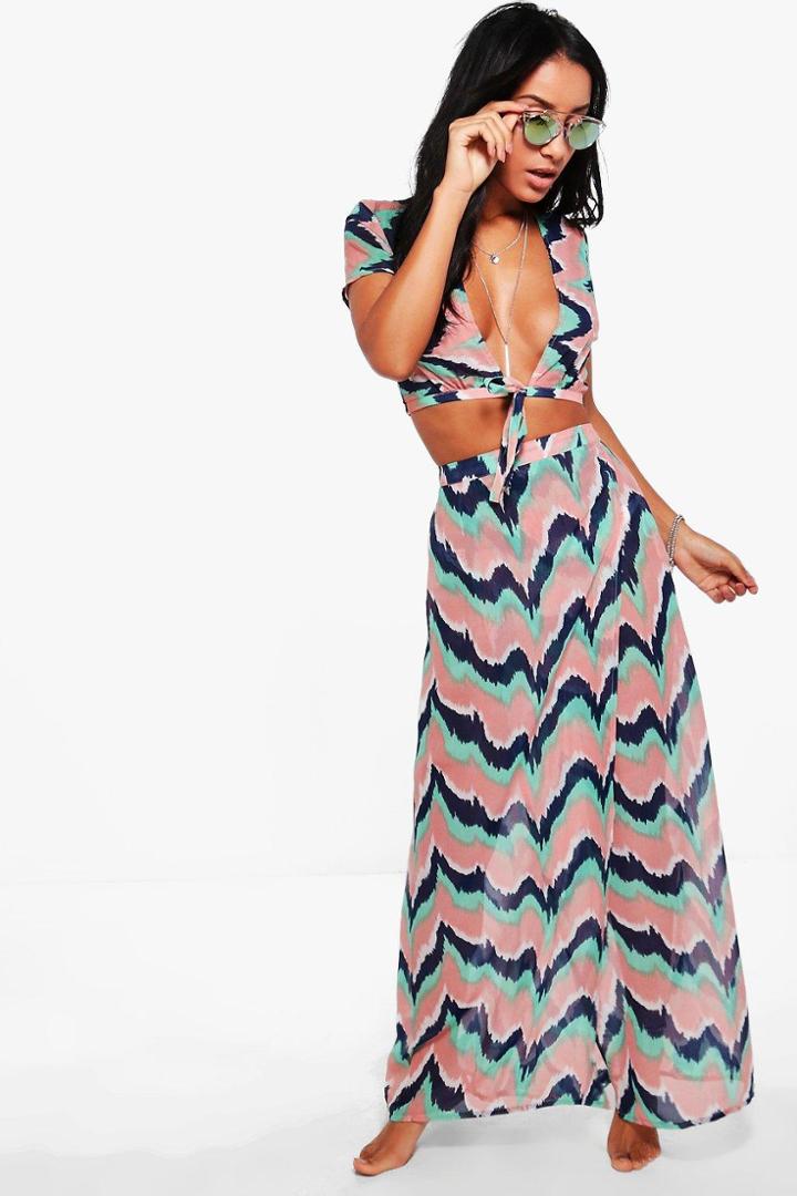 Boohoo Evie Zig Zag Split Skirt Beach Co-ord Blue