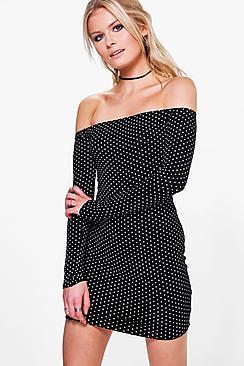 Boohoo Lucie Polka Dot Off Shoulder Bodycon Dress