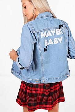 Boohoo Petite Emma Oversized Slogan Back Denim Jacket