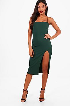 Boohoo Crepe Square Neck Side Split Midi Dress