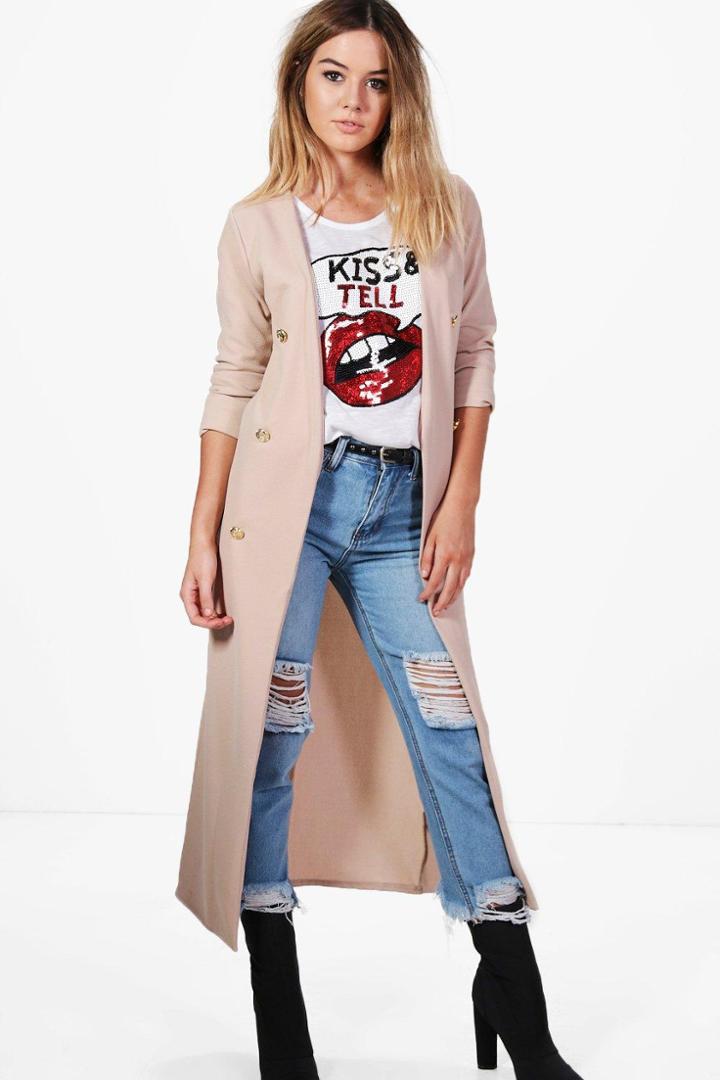 Boohoo Petite Abbi Button Front Longline Duster Stone