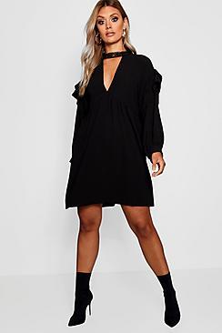 Boohoo Lace Choker Ruffle Smock Dress
