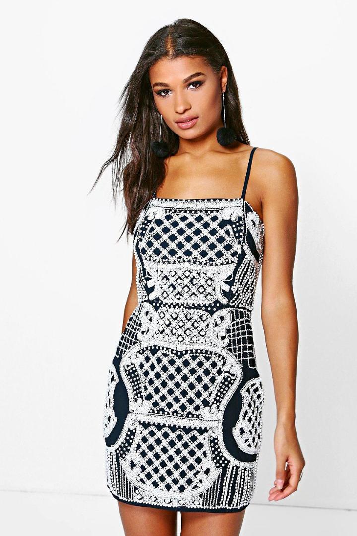 Boohoo Boutique Kim Embellished Bodycon Dress Navy