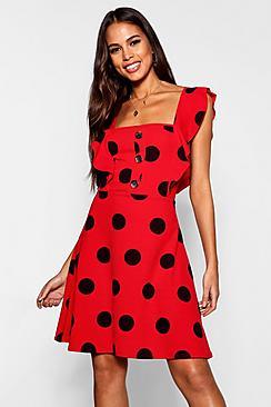 Boohoo Tall Mock Horn Button Polka Dot Skater Dress