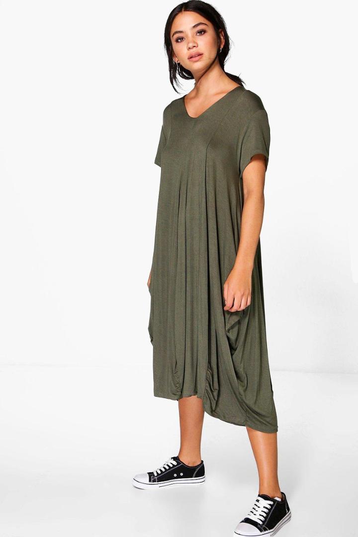 Boohoo Nevaeh V Neck Long Sleeved Midi Dress Khaki