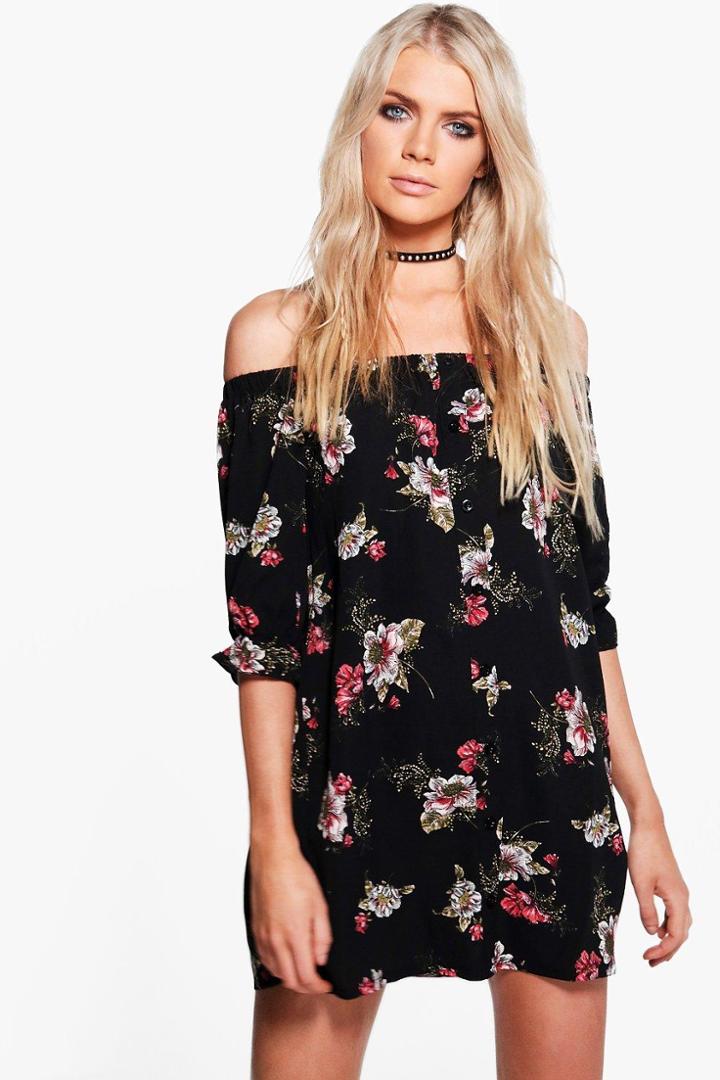 Boohoo Jola Floral Off Shoulder Button Shift Dress Black