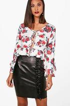 Boohoo Rebecca Floral Print Tie Front Ruffle Crop