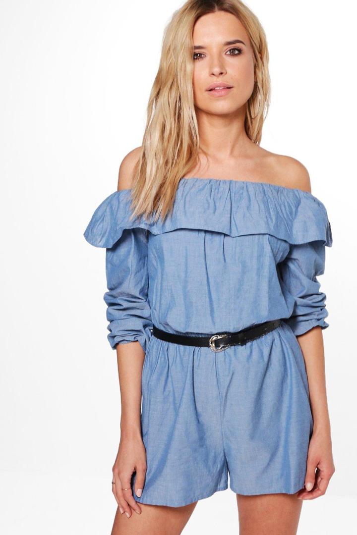 Boohoo Sarah Ruffle Off The Shoulder Playsuit Blue