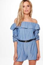 Boohoo Sarah Ruffle Off The Shoulder Playsuit Blue