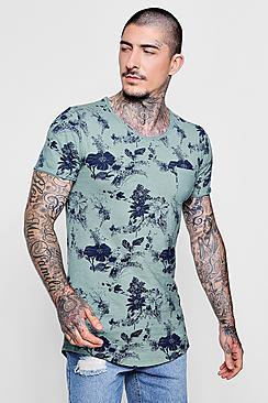 Boohoo Washed Floral Print Longline Curved Hem T-shirt