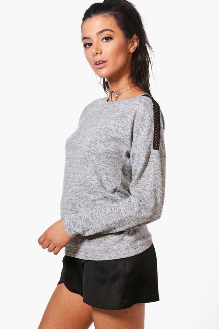 Boohoo Hailey Mesh Shoulder Knitted Top Grey